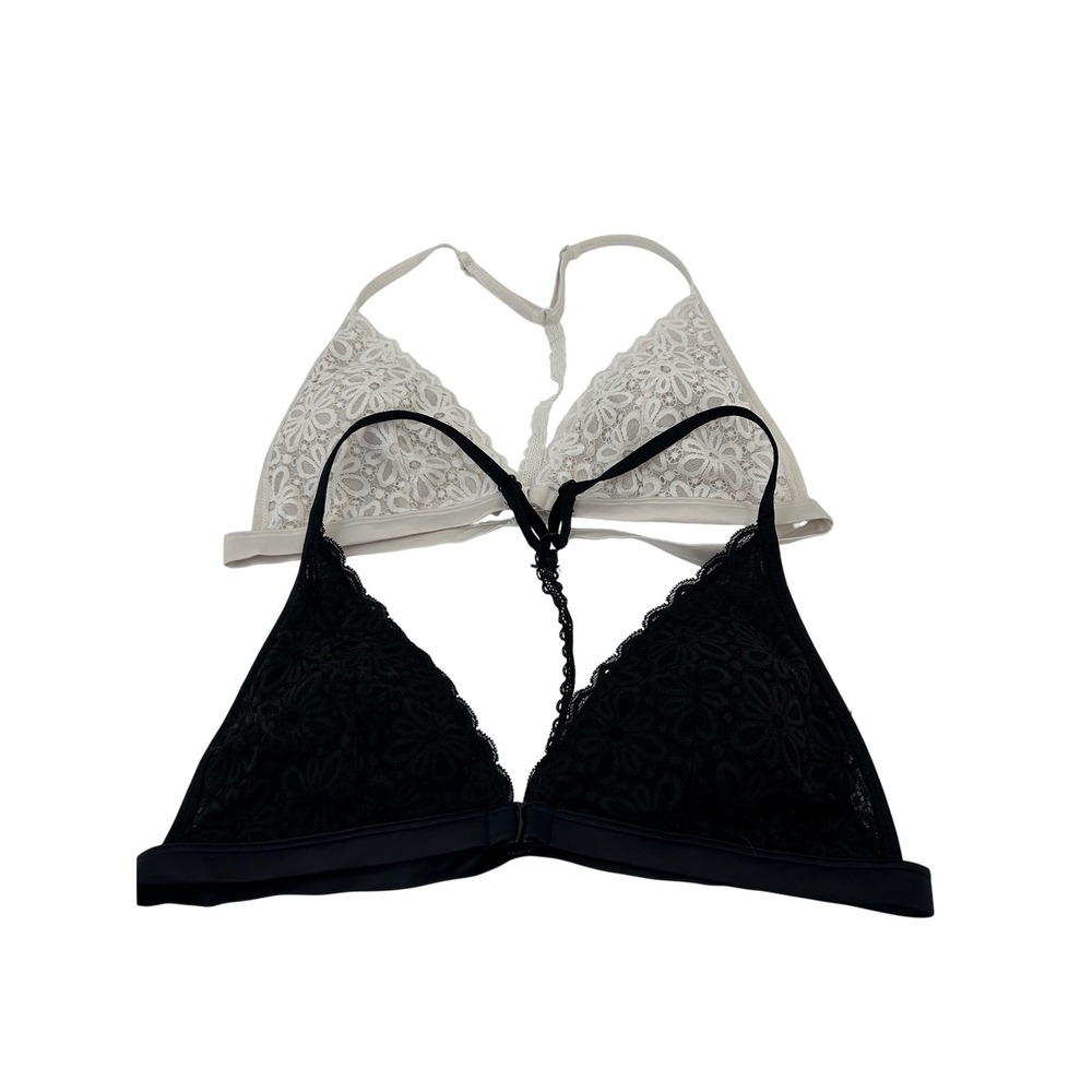 Victorias Secret 2 Pack Floral Lace Bralette Black Ivory Front Clasp Racerback L